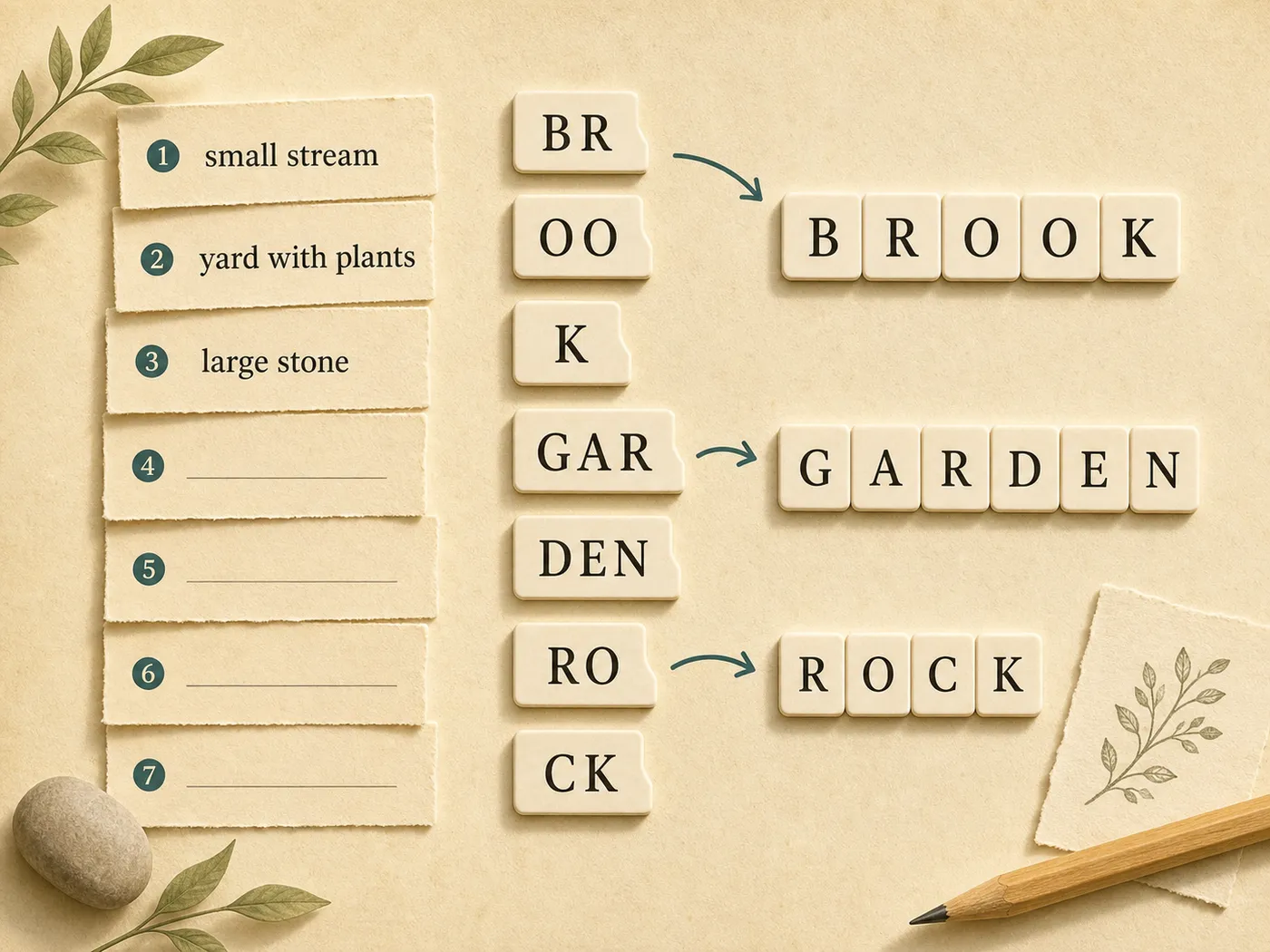 Editorial illustration of seven clue cards and letter chunks forming original answer words.