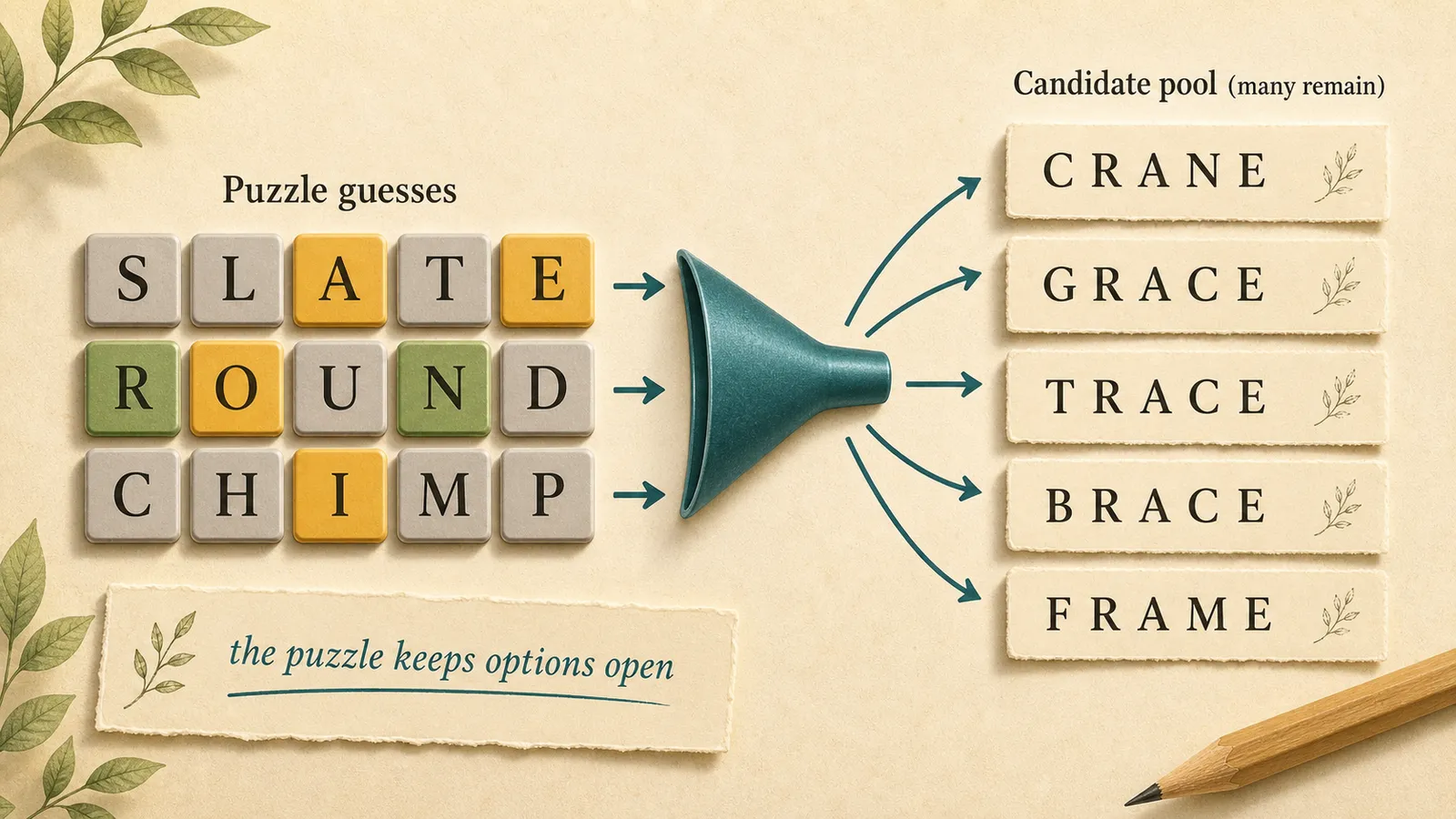 Editorial illustration of word guesses narrowing a pool of possible answers in an adversarial word puzzle.
