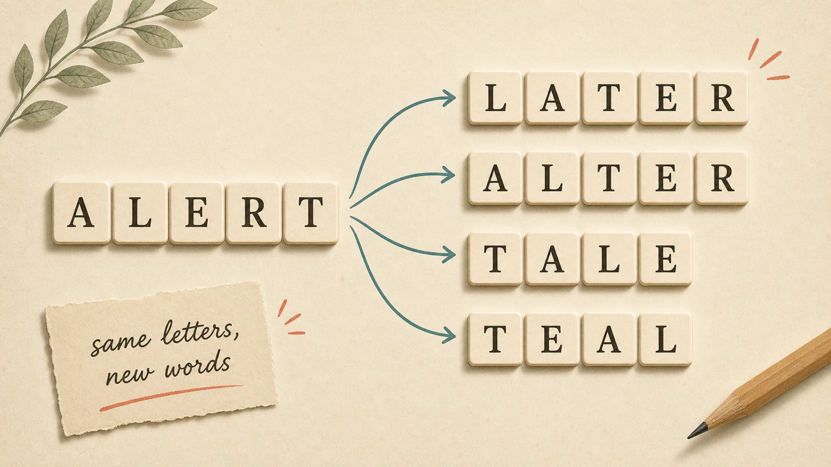 Editorial illustration of letter tiles from ALERT being rearranged into LATER, ALTER, TALE, and TEAL.