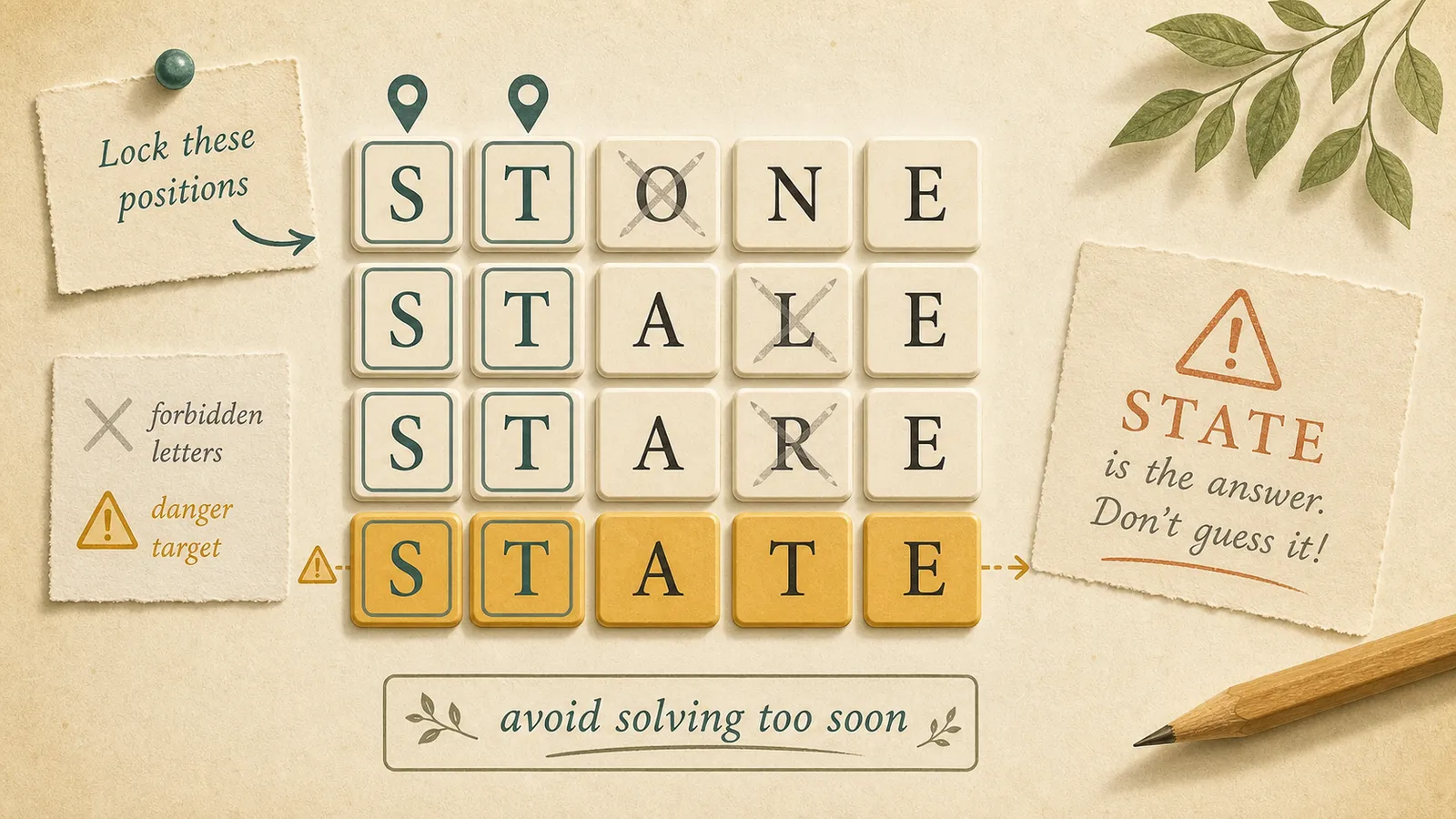 Editorial illustration of an avoid-the-answer word grid with forced letters and a danger note near the answer.