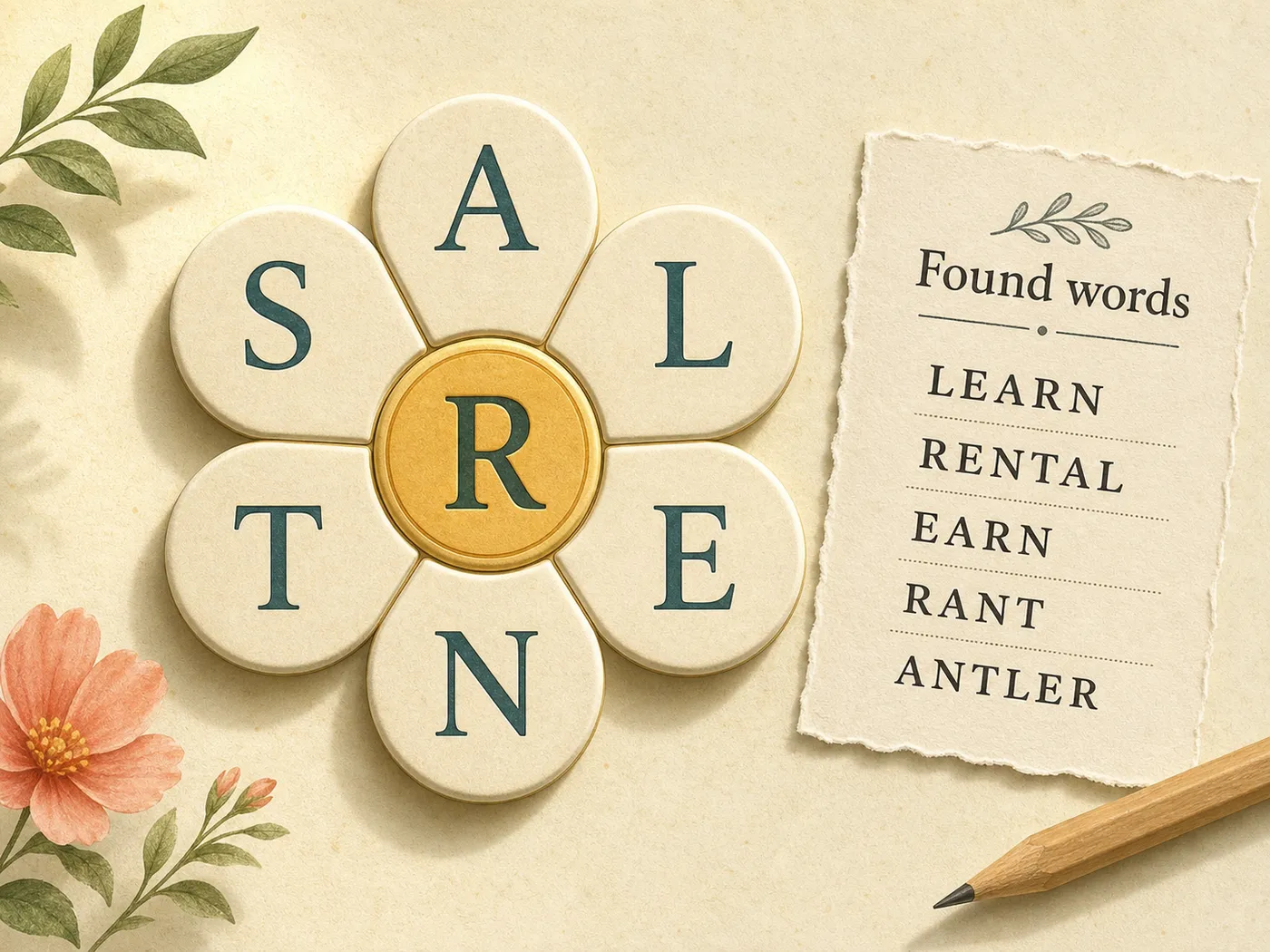 Editorial illustration of a flower-shaped letter puzzle with a required center letter and original found words.