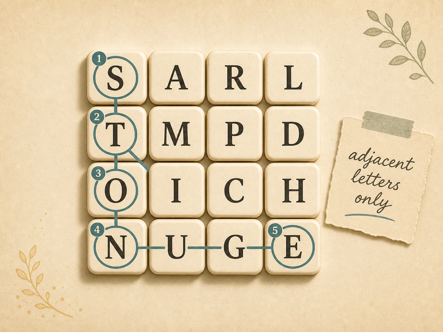 Editorial illustration of a four-by-four letter cube grid with a highlighted path spelling STONE.