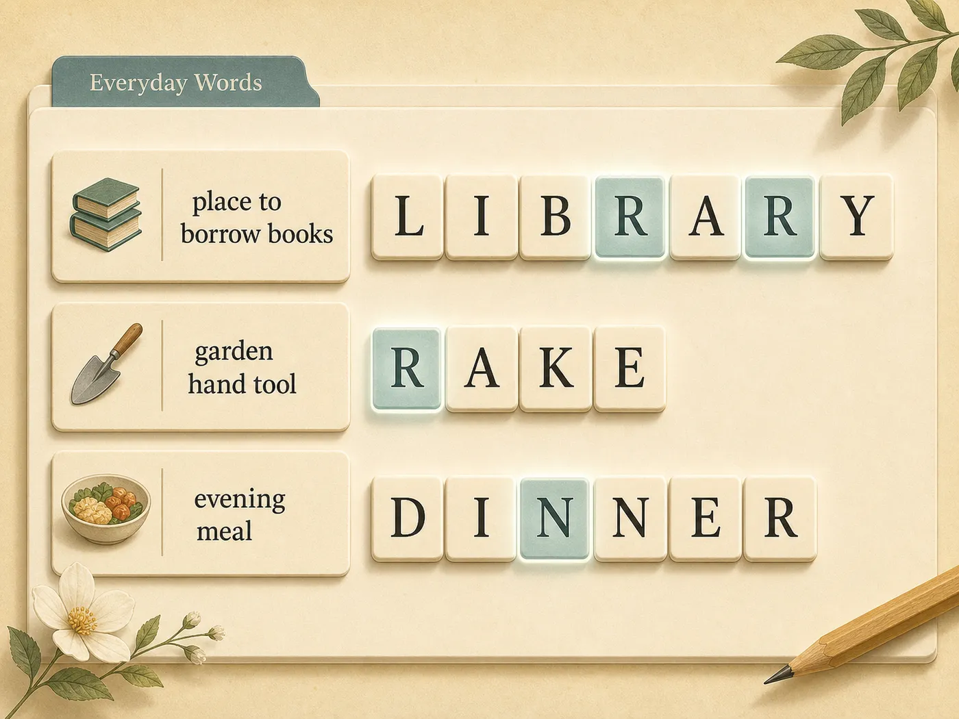 Editorial illustration of original clue cards feeding a friendly crossword-style answer grid.