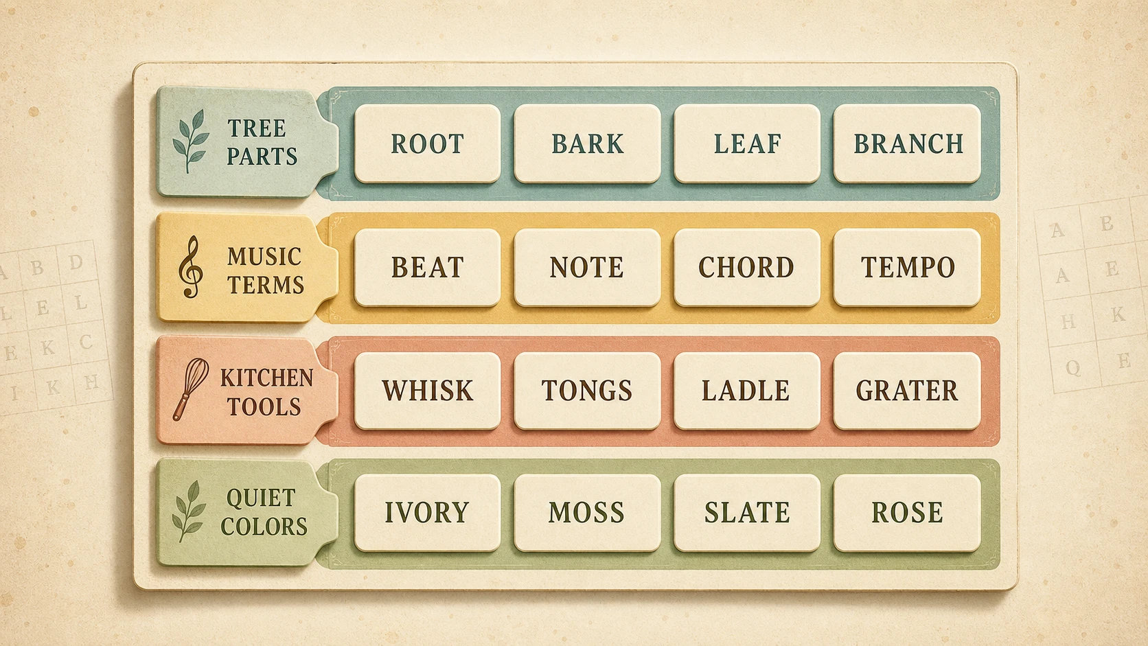 Editorial illustration of a sixteen-word grouping puzzle arranged into four solved color-coded categories.