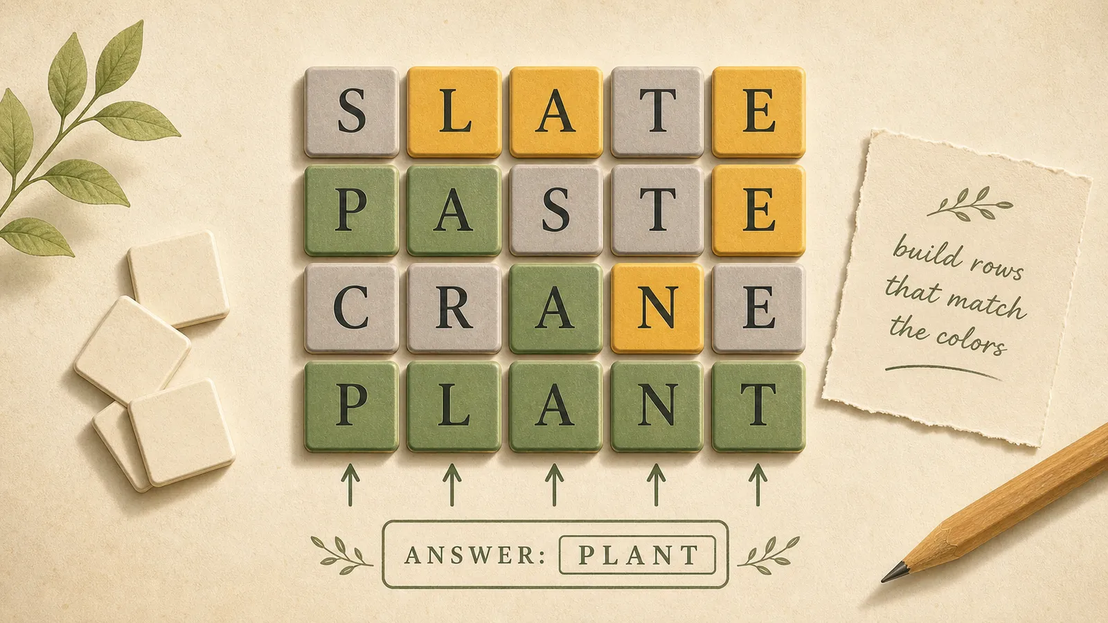 Editorial illustration of a reverse word feedback puzzle where guesses must logically match a final answer row.
