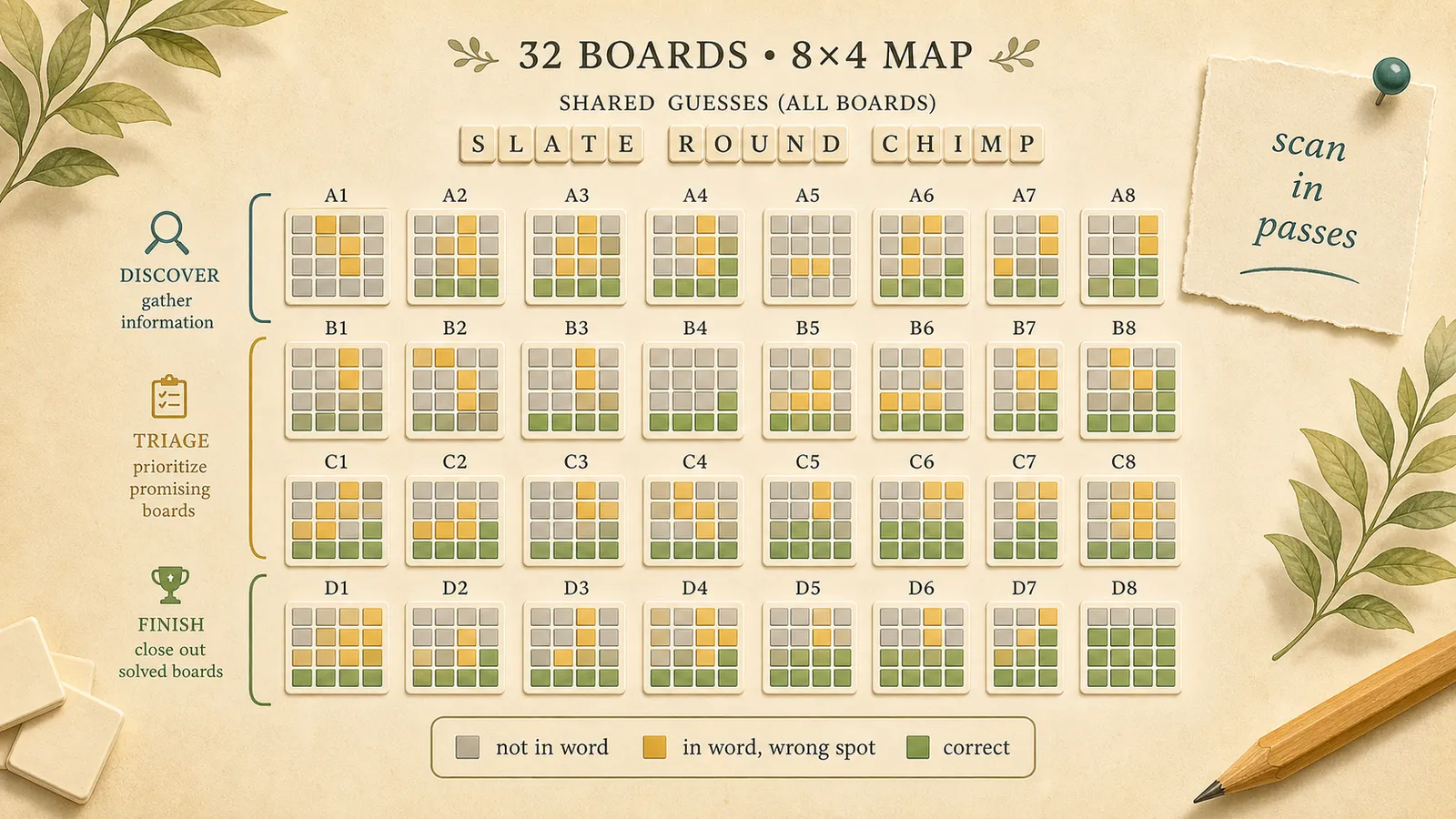 Editorial illustration of a thirty-two-board word feedback puzzle compressed into a progress map.