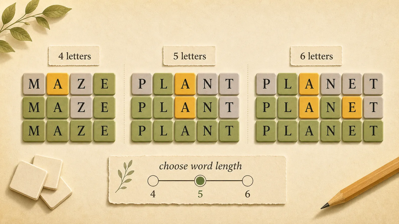 Editorial illustration of word guessing grids in different lengths with color feedback.
