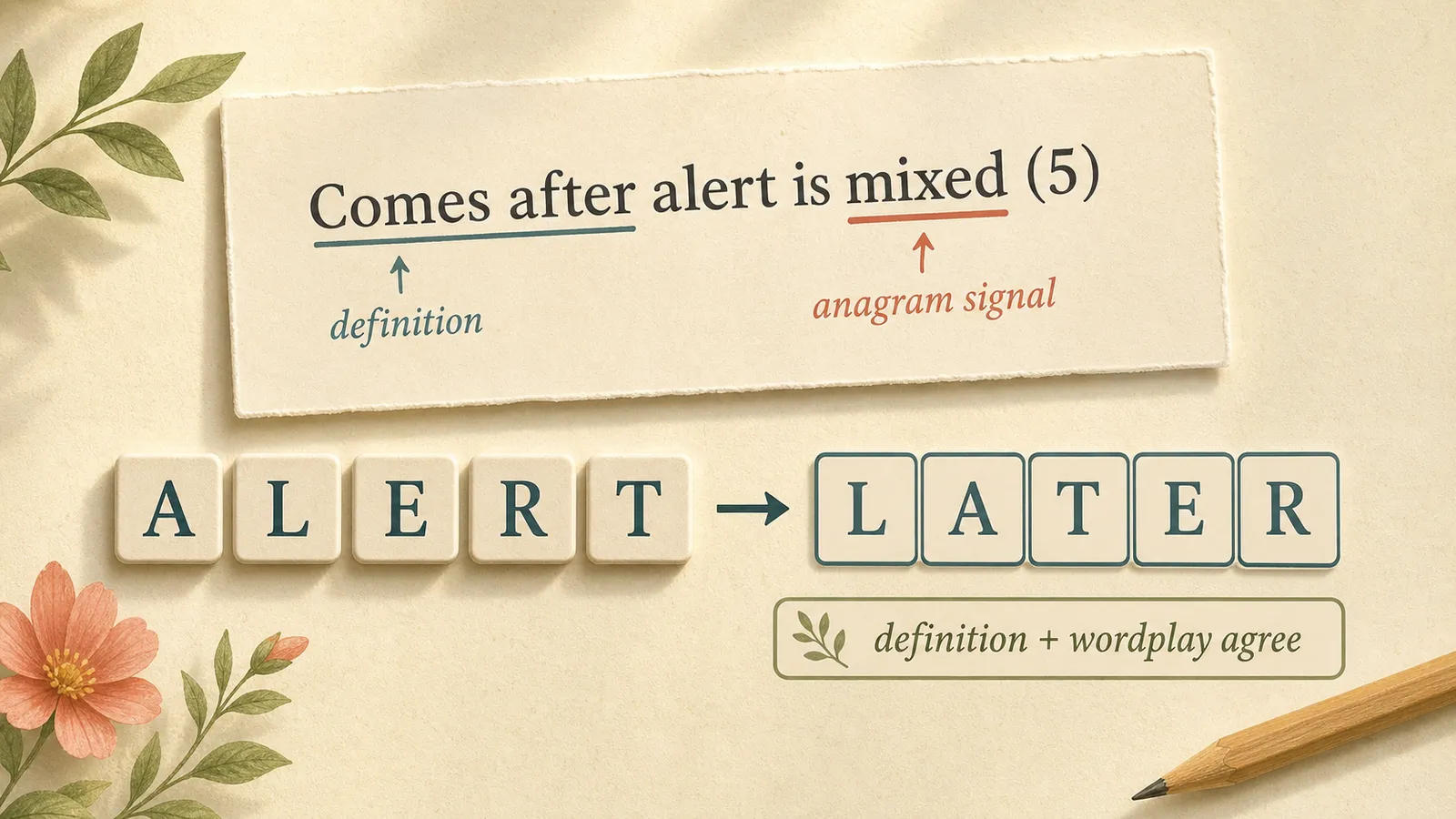 Editorial illustration of a cryptic clue card annotated with definition and wordplay parts.