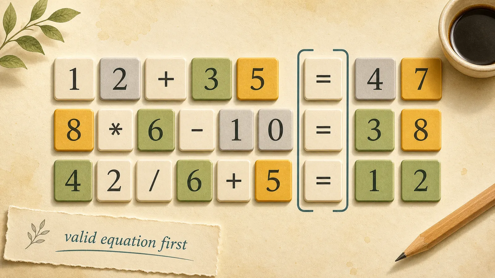 Editorial illustration of equation guesses with colored feedback for digits, operators, and equals sign.