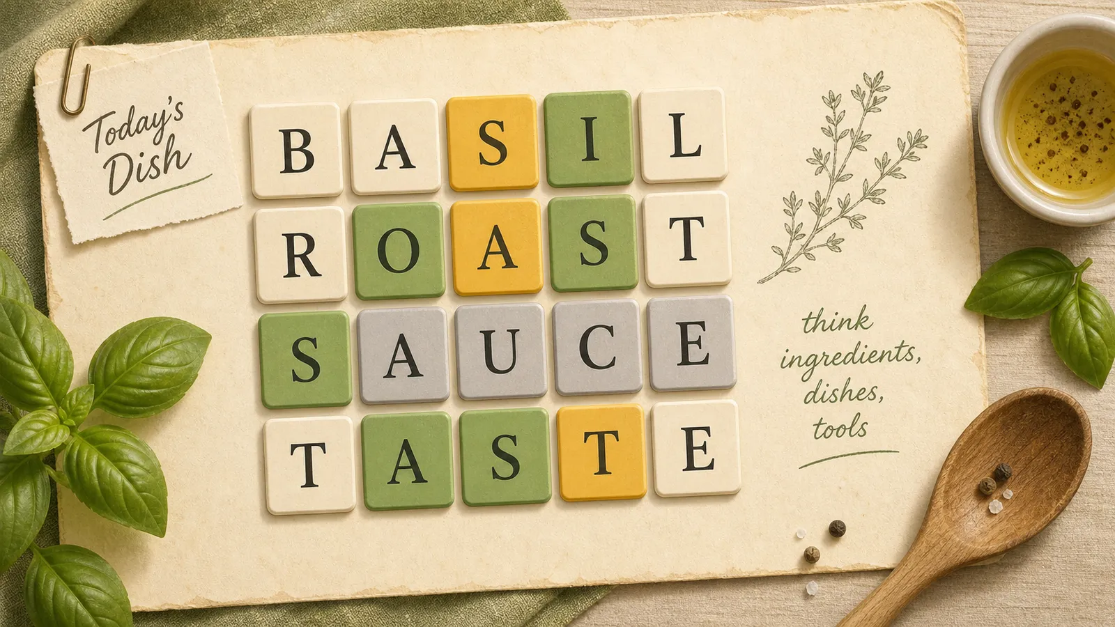 Editorial illustration of a food-themed five-letter word guessing grid with original cooking words and colored feedback.