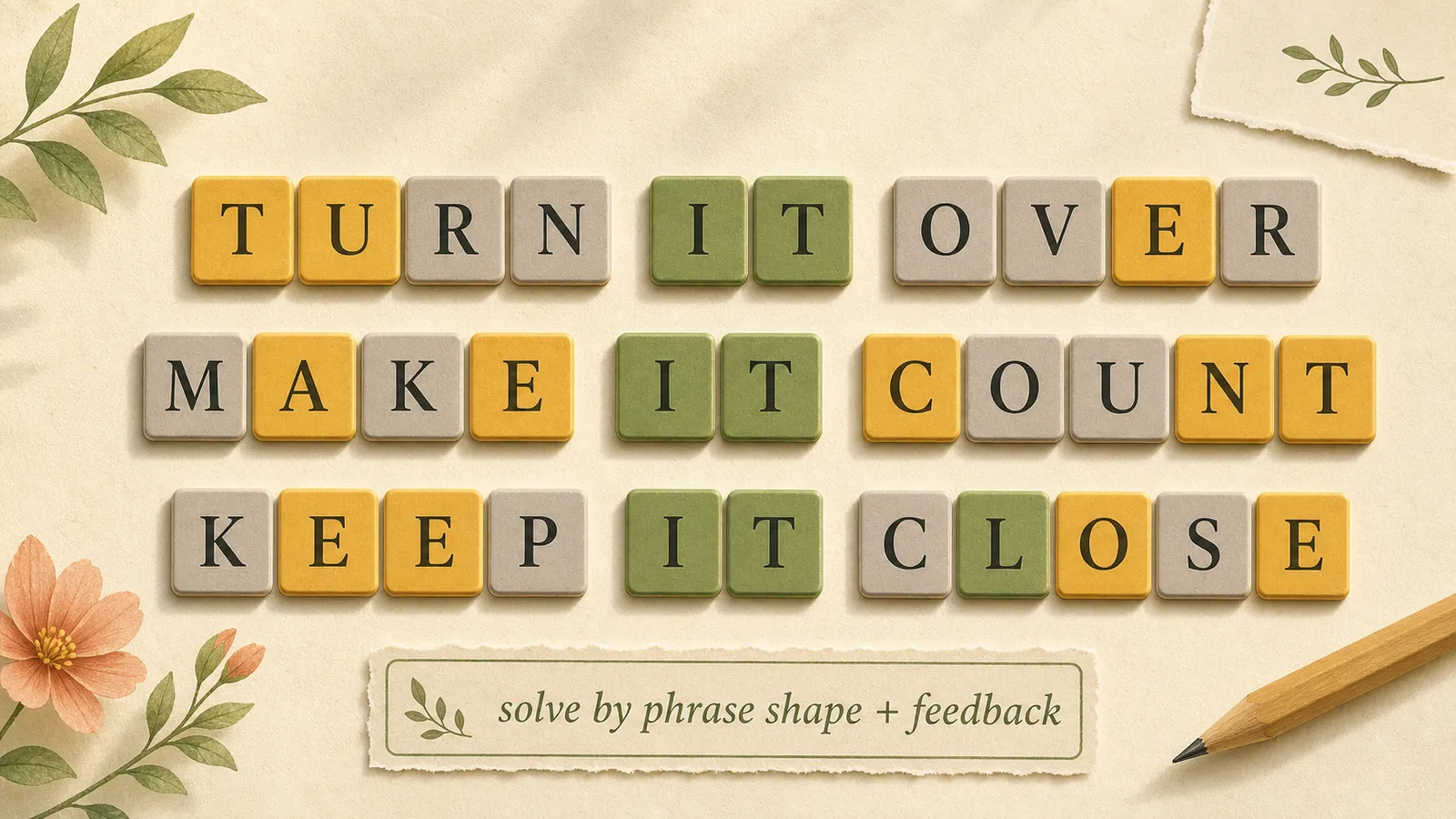 Editorial illustration of a phrase guessing grid with original multi-word guesses and color feedback.