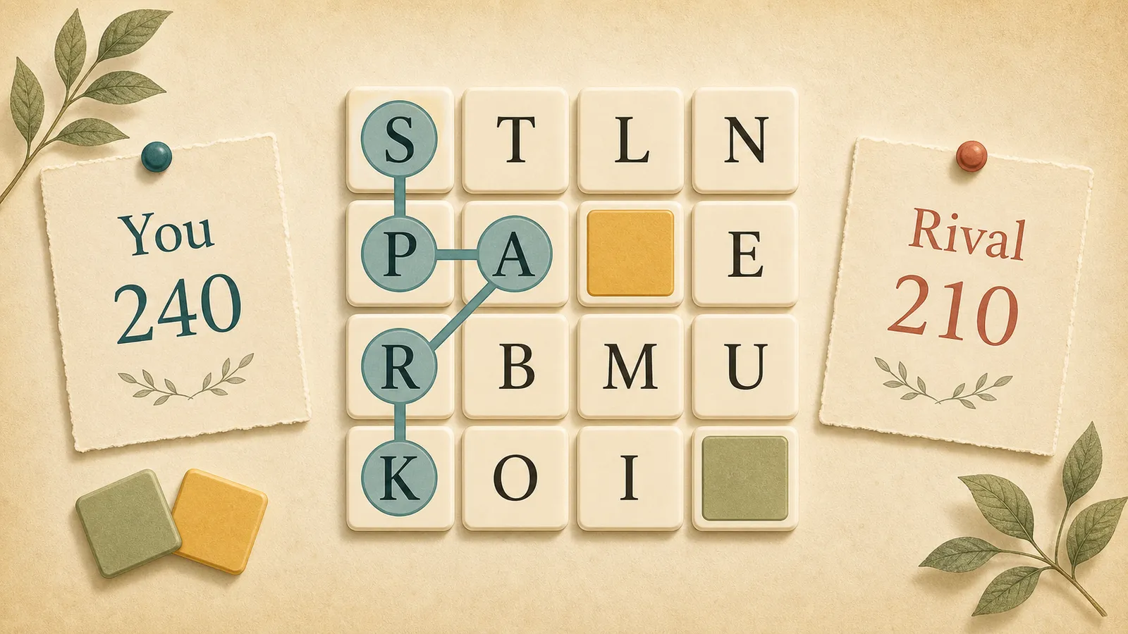 Editorial illustration of a competitive swipe word grid with a highlighted SPARK path and subtle score cards.