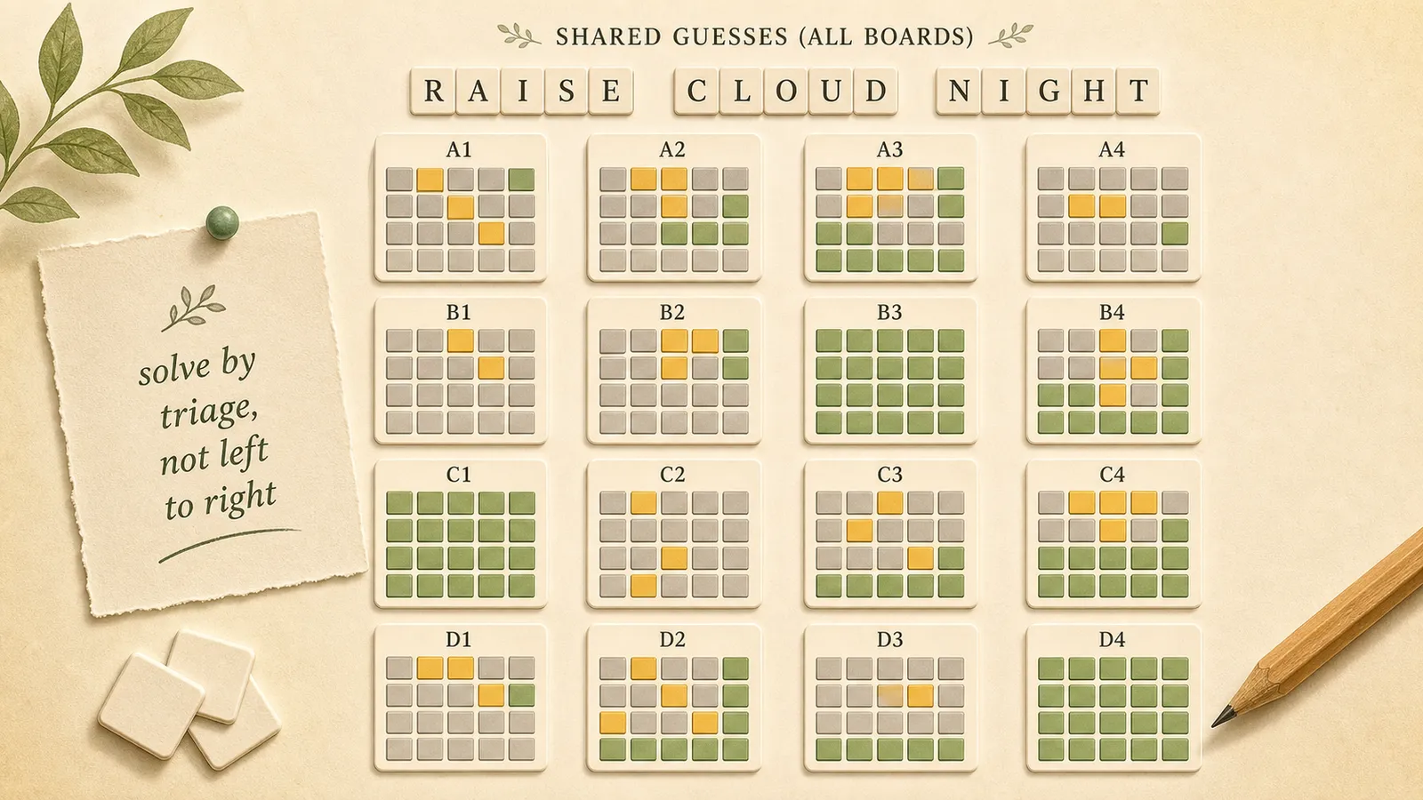 Editorial illustration of sixteen small word feedback boards arranged as a progress map.