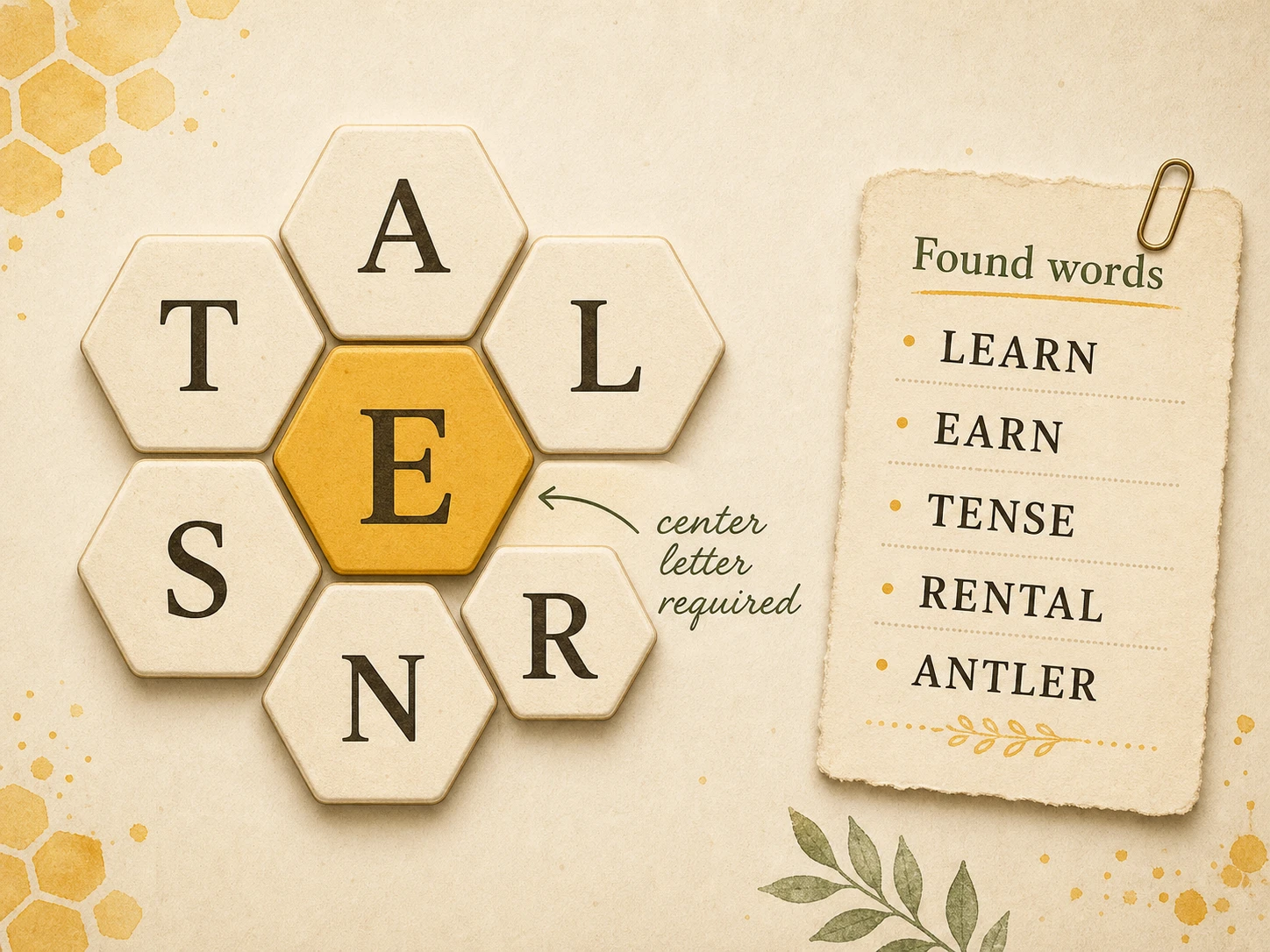 Editorial illustration of an original seven-letter hive word puzzle with a highlighted center tile and found-word notes.