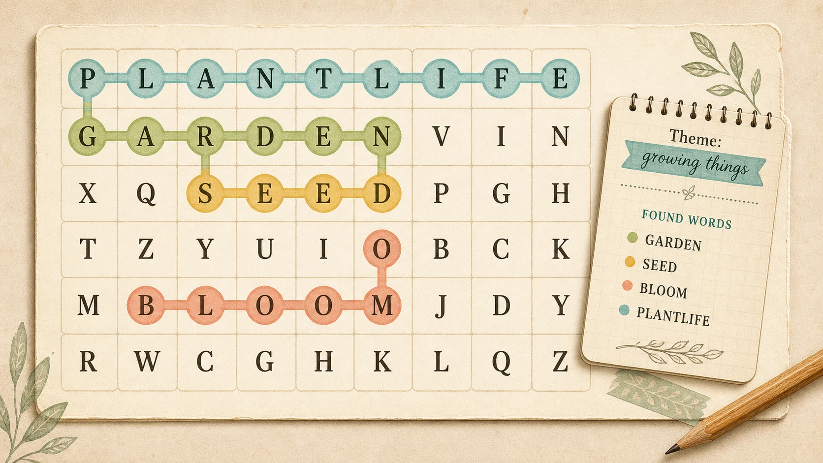 Editorial illustration of a themed letter grid with connected word paths highlighted by soft marker lines.