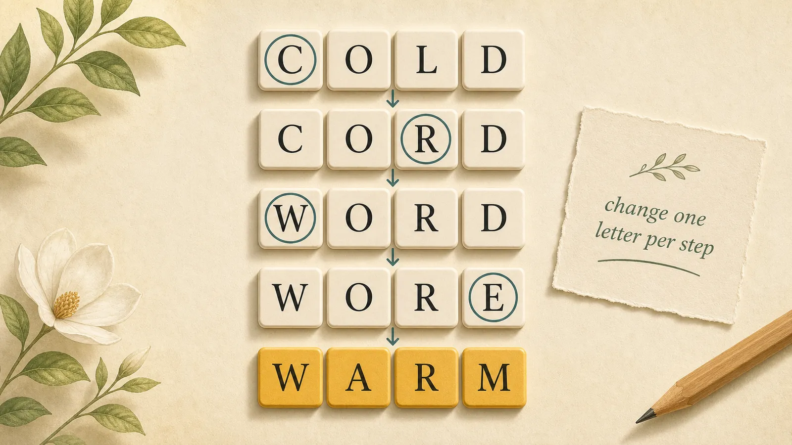 Editorial illustration of a word ladder changing one letter at a time from COLD toward WARM.