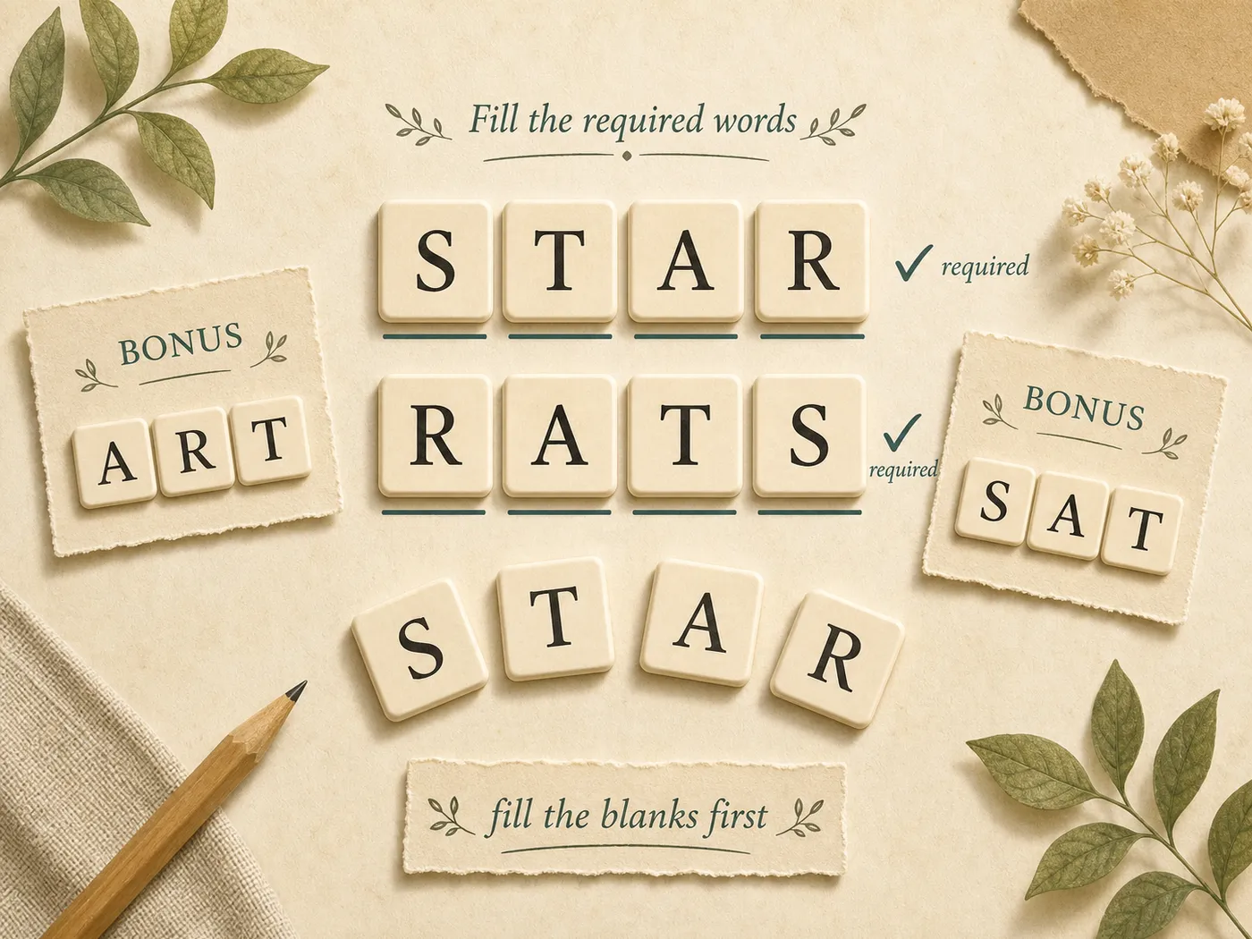Editorial illustration of a mobile-style letter bank filling required word slots in an original word collection puzzle.
