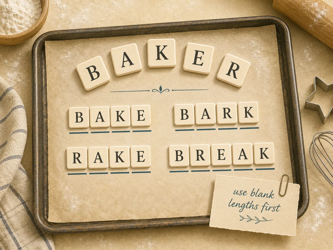 Editorial illustration of cream letter tiles on a baking-tray-like paper scene filling word blanks.