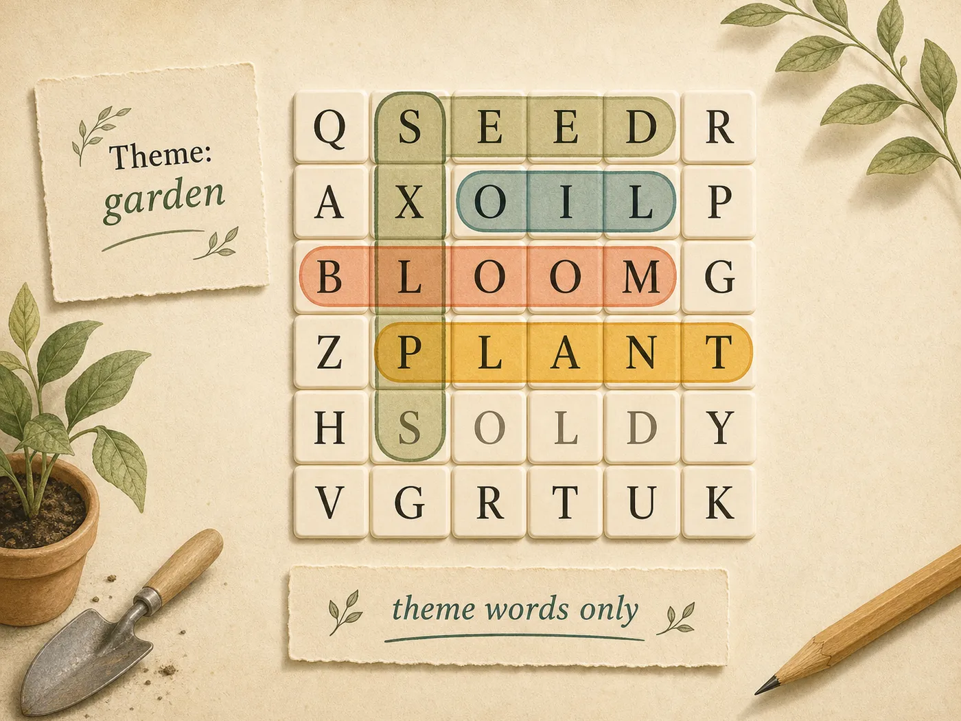 Editorial illustration of a themed word grid with garden words highlighted by soft paths.