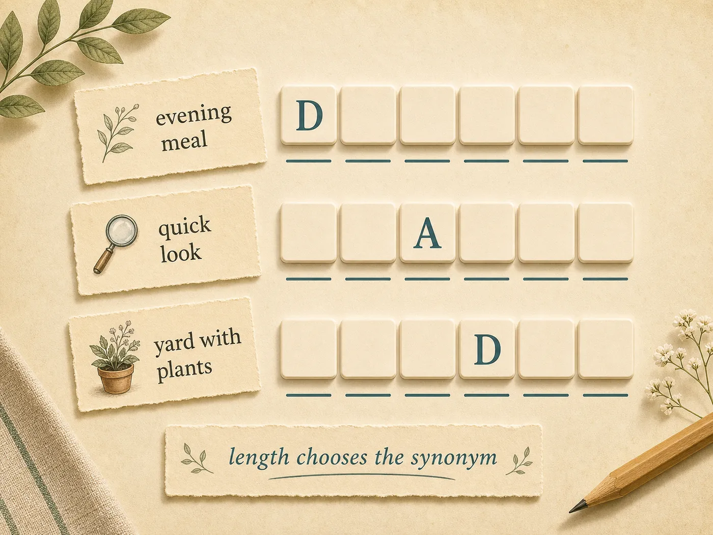Editorial illustration of clue cards filling lane-like answer spaces with original answers.