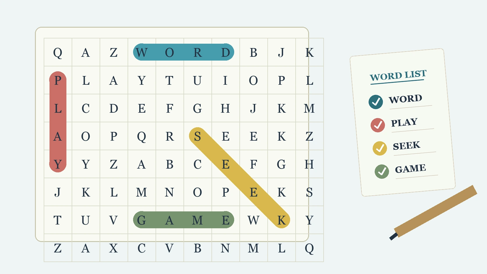 Editorial illustration of a word search grid with hidden words circled in soft translucent marker strokes.