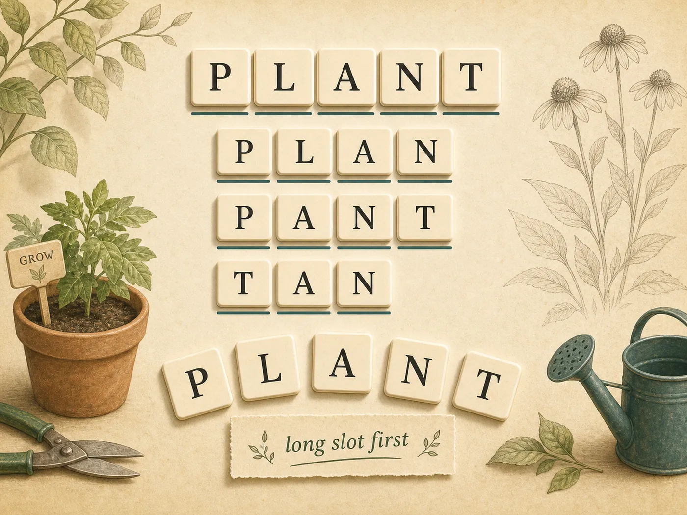 Editorial illustration of garden-themed letter tiles filling required word slots.