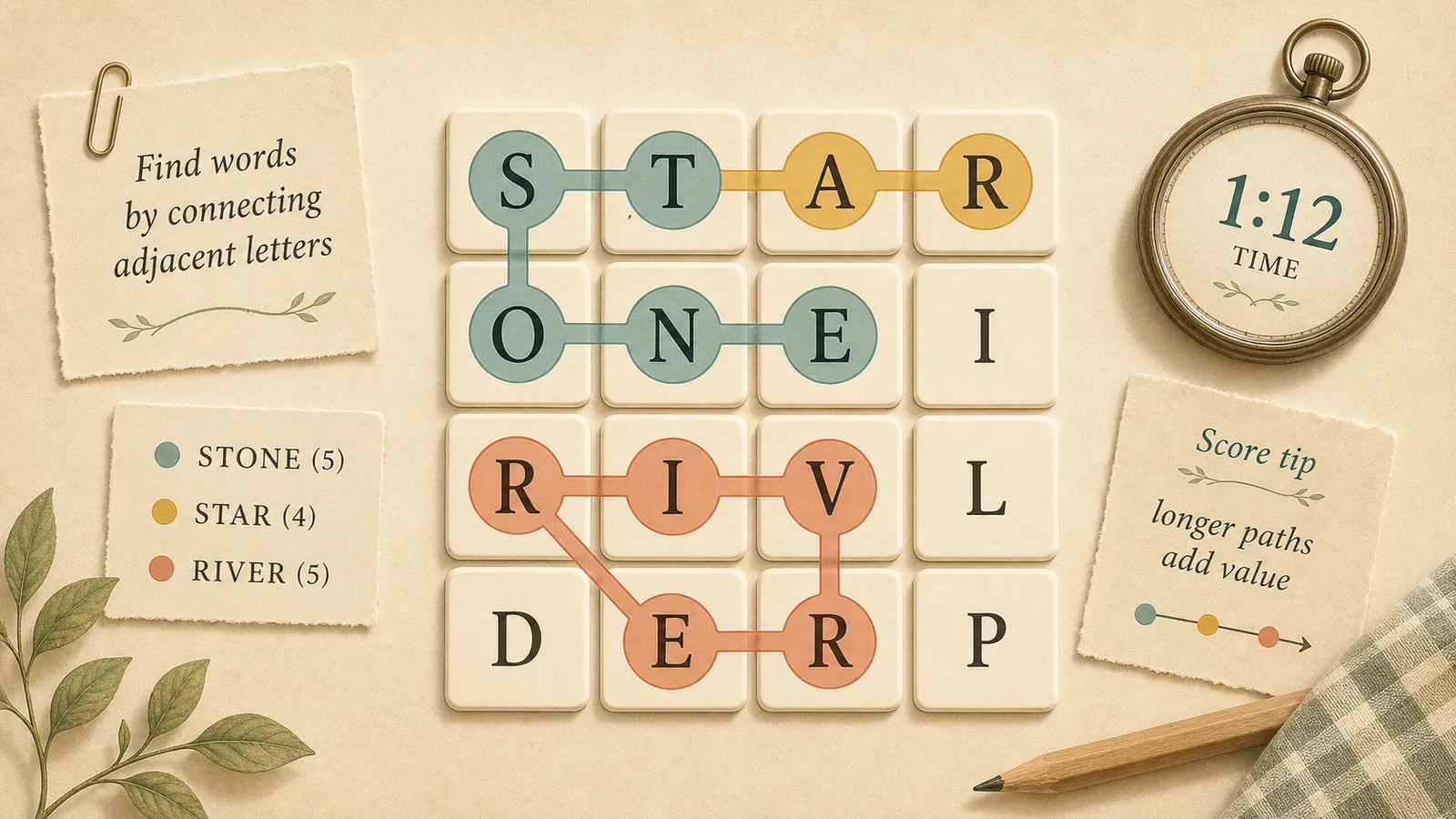Editorial illustration of a timed letter grid with several highlighted word paths and score notes.