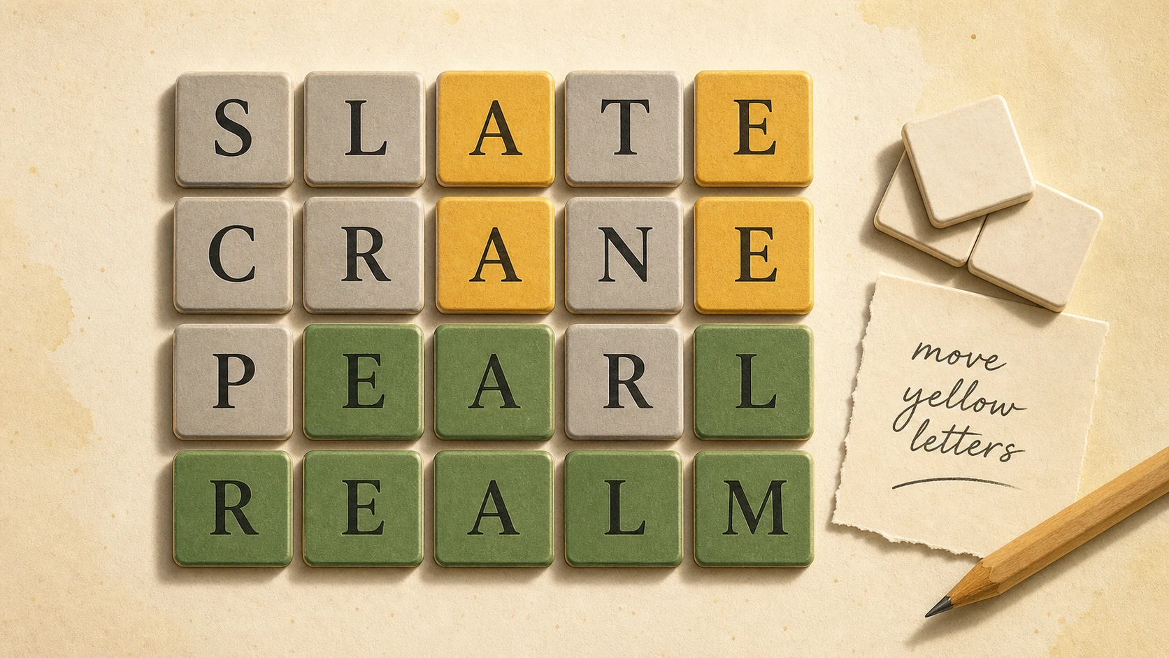 Editorial illustration of a five-letter word guessing grid with colored feedback tiles using original example words.