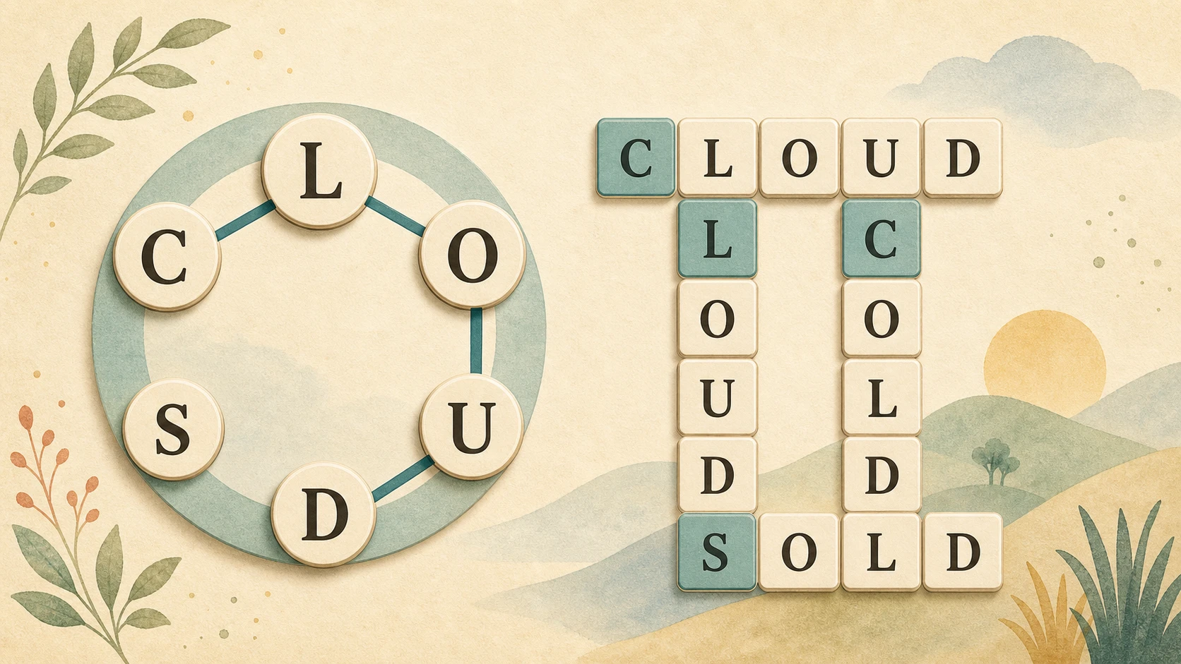 Editorial illustration of an original circular letter bank connected to a small crossword-like answer board.