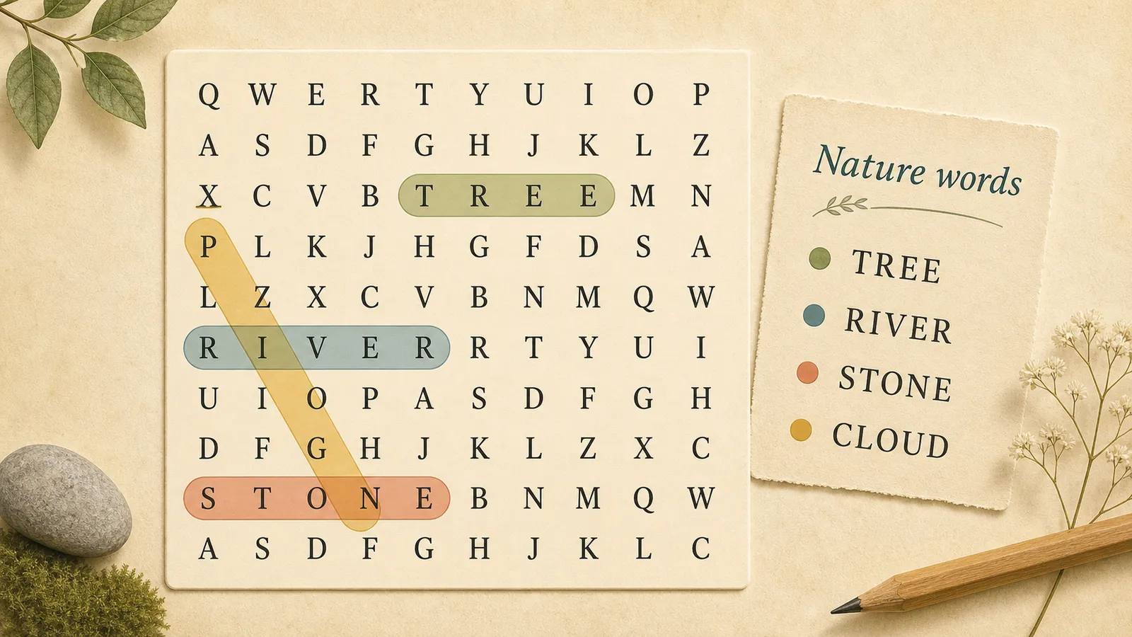 Editorial illustration of a themed word search grid with nature words highlighted.